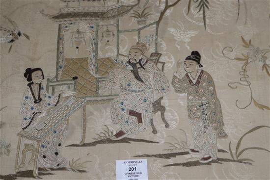 A late 19th century Chinese embroidered silk picture 45 x 69cm